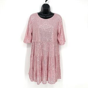 Pink Sequin Tiered Babydoll Dress Sz L Mini 1/2 Sleeve Lined Swing Party Stretch